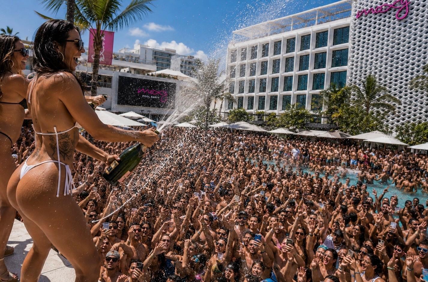 Woman spraying champagne over a packed crowd at the Moxy pool party, with Moxy branding on the building and banners