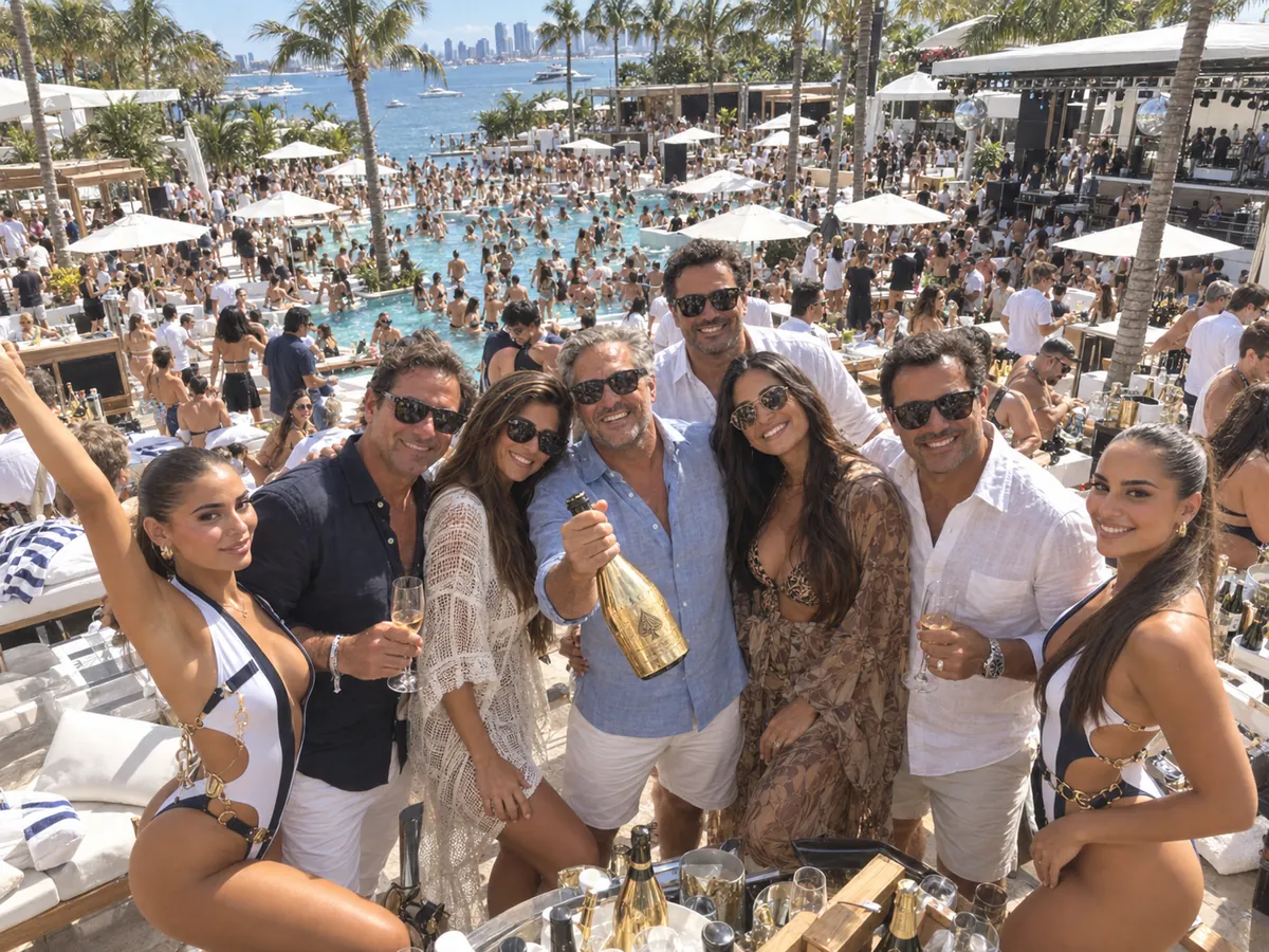 Guests celebrating with champagne at a Miami waterfront pool party, with palm trees and the skyline behind them